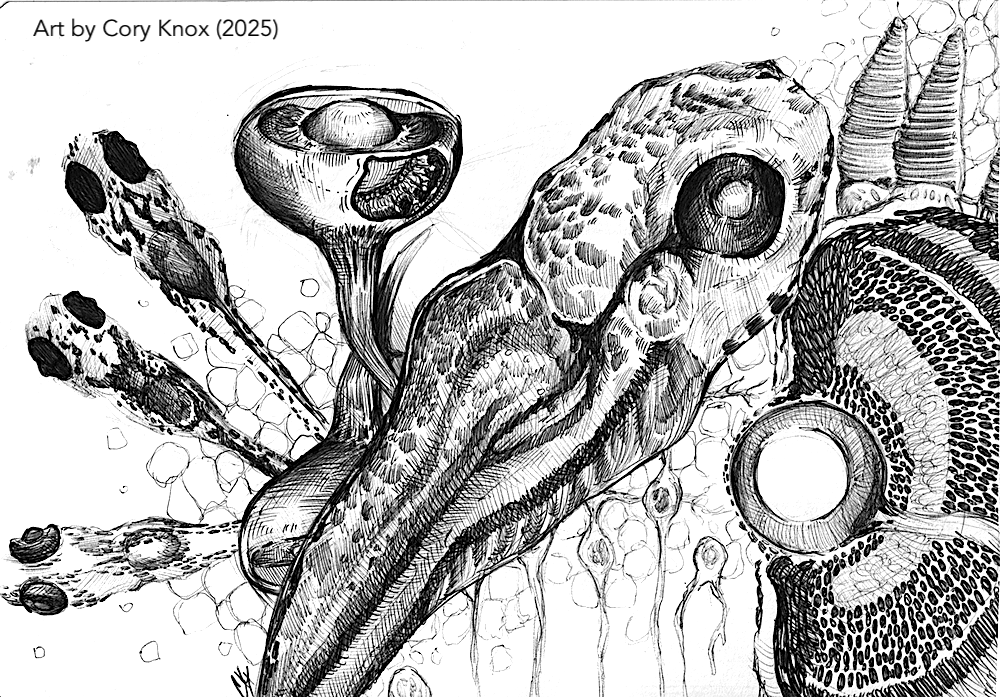 trippy sketches of zebrafish larvae and eyes
